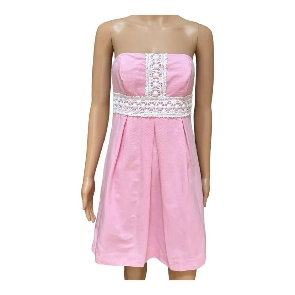 Lilly Pulitzer Women's Betsey Pink White Crochet Lace Strapless Dress size 0